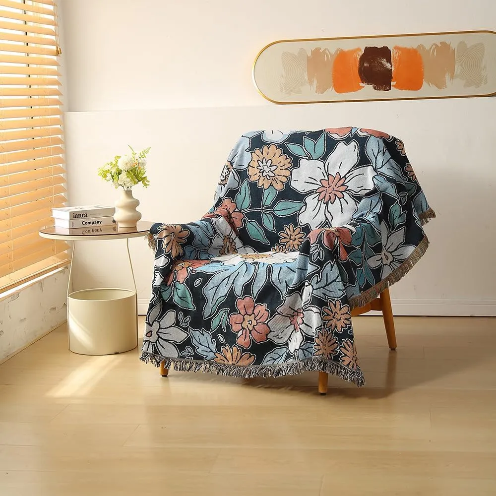 Homesy Blue Floral American Pastoral Style Throw Blanket Modern Flowers Throw Blanket with Tassel for Home Couch Beach Picnic Outdoor Camping 51"x63"