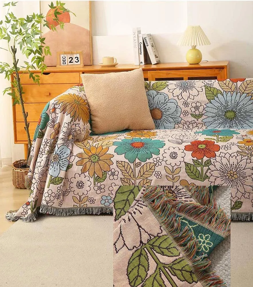 Homesy Floral American Pastoral Style Throw Blanket Modern Flowers Throw Blanket with Tassel for Home Couch Beach Picnic Outdoor Camping 51"x63"