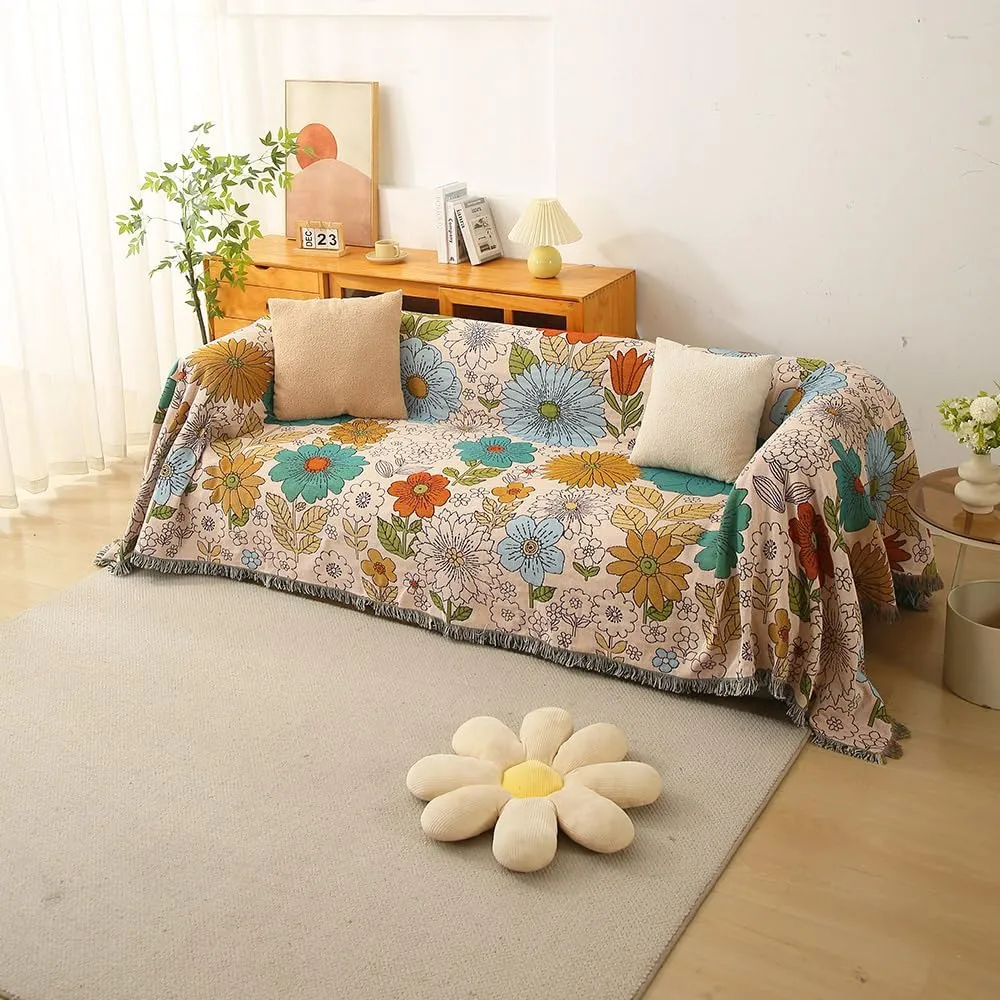 Homesy Floral American Pastoral Style Throw Blanket Modern Flowers Throw Blanket with Tassel for Home Couch Beach Picnic Outdoor Camping 51"x63"