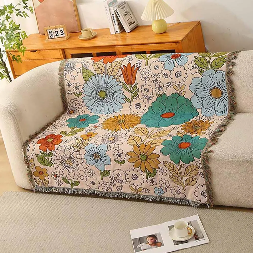 Homesy Floral American Pastoral Style Throw Blanket Modern Flowers Throw Blanket with Tassel for Home Couch Beach Picnic Outdoor Camping 51"x63"