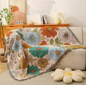 Homesy Floral American Pastoral Style Throw Blanket Modern Flowers Throw Blanket with Tassel for Home Couch Beach Picnic Outdoor Camping 51"x63"