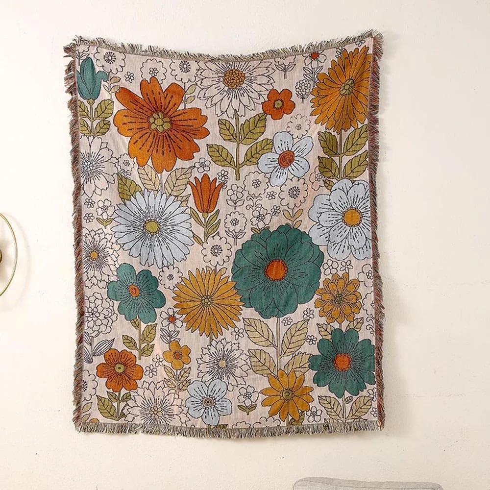 Homesy Floral American Pastoral Style Throw Blanket Modern Flowers Throw Blanket with Tassel for Home Couch Beach Picnic Outdoor Camping 51"x63"