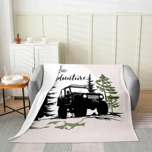Homewish Adventure Theme Throw Blanket Throw 50x60 Black Off-Road Vehicle Silhouette Flannel Blanket for Kids Teens Adults Jungle Pine Trees Sun Graffiti Camping Bed Blanket for Chairs Sofa