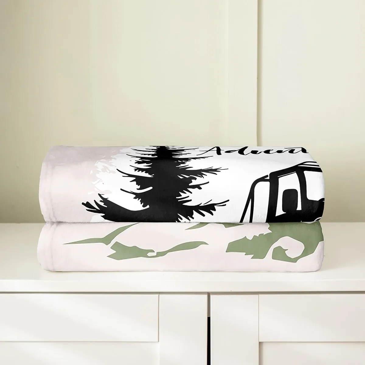 Homewish Adventure Theme Throw Blanket Throw 50x60 Black Off-Road Vehicle Silhouette Flannel Blanket for Kids Teens Adults Jungle Pine Trees Sun Graffiti Camping Bed Blanket for Chairs Sofa