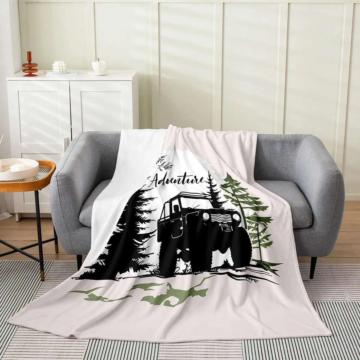 Homewish Adventure Theme Throw Blanket Throw 50x60 Black Off-Road Vehicle Silhouette Flannel Blanket for Kids Teens Adults Jungle Pine Trees Sun Graffiti Camping Bed Blanket for Chairs Sofa