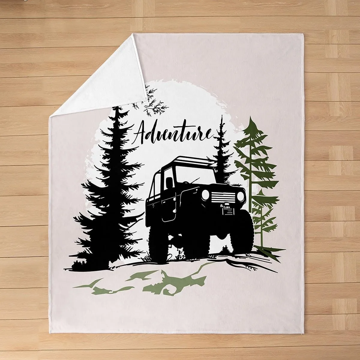 Homewish Adventure Theme Throw Blanket Throw 50x60 Black Off-Road Vehicle Silhouette Flannel Blanket for Kids Teens Adults Jungle Pine Trees Sun Graffiti Camping Bed Blanket for Chairs Sofa