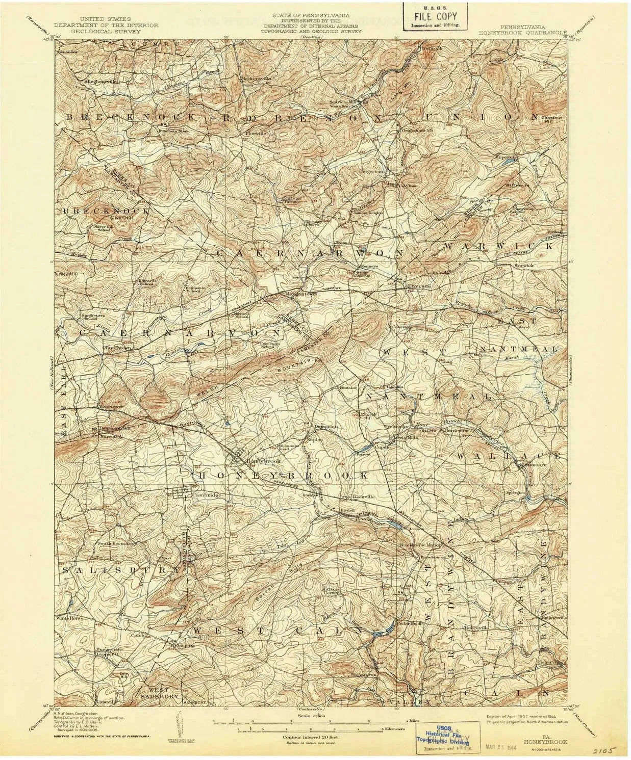 Honeybrook PA topo map, 1:62500 Scale, 15 X 15 Minute, Historical, 1907, Updated 1944, 20 x 16.5 in