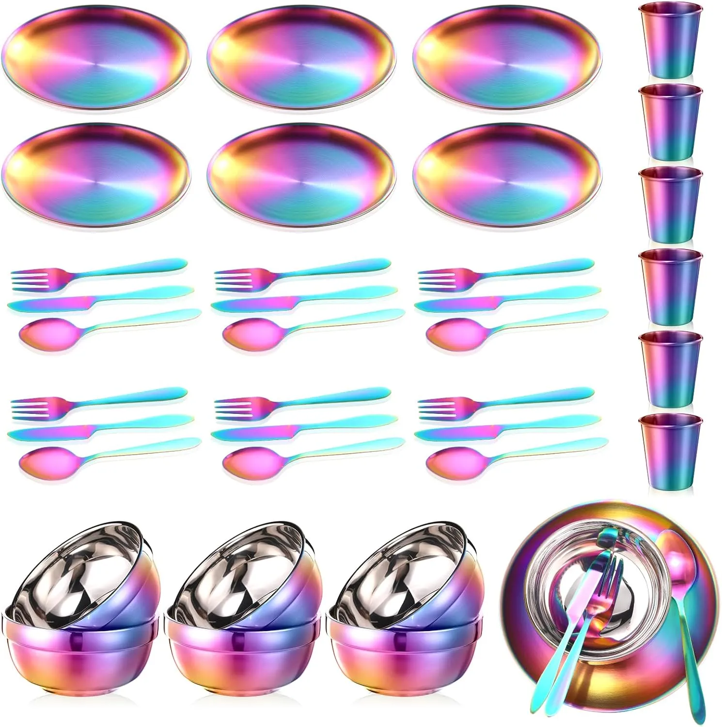 Honeydak 36 Pcs Stainless Steel Utensils Camping Tableware Kit Include Set of 6 Plate Bowl Cups Spoons Forks Knives Flatware Set for Backpacking Camping Hiking and Picnic(Rainbow Color)