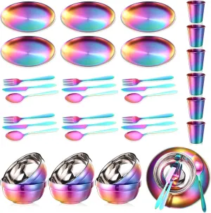 Honeydak 36 Pcs Stainless Steel Utensils Camping Tableware Kit Include Set of 6 Plate Bowl Cups Spoons Forks Knives Flatware Set for Backpacking Camping Hiking and Picnic(Rainbow Color)