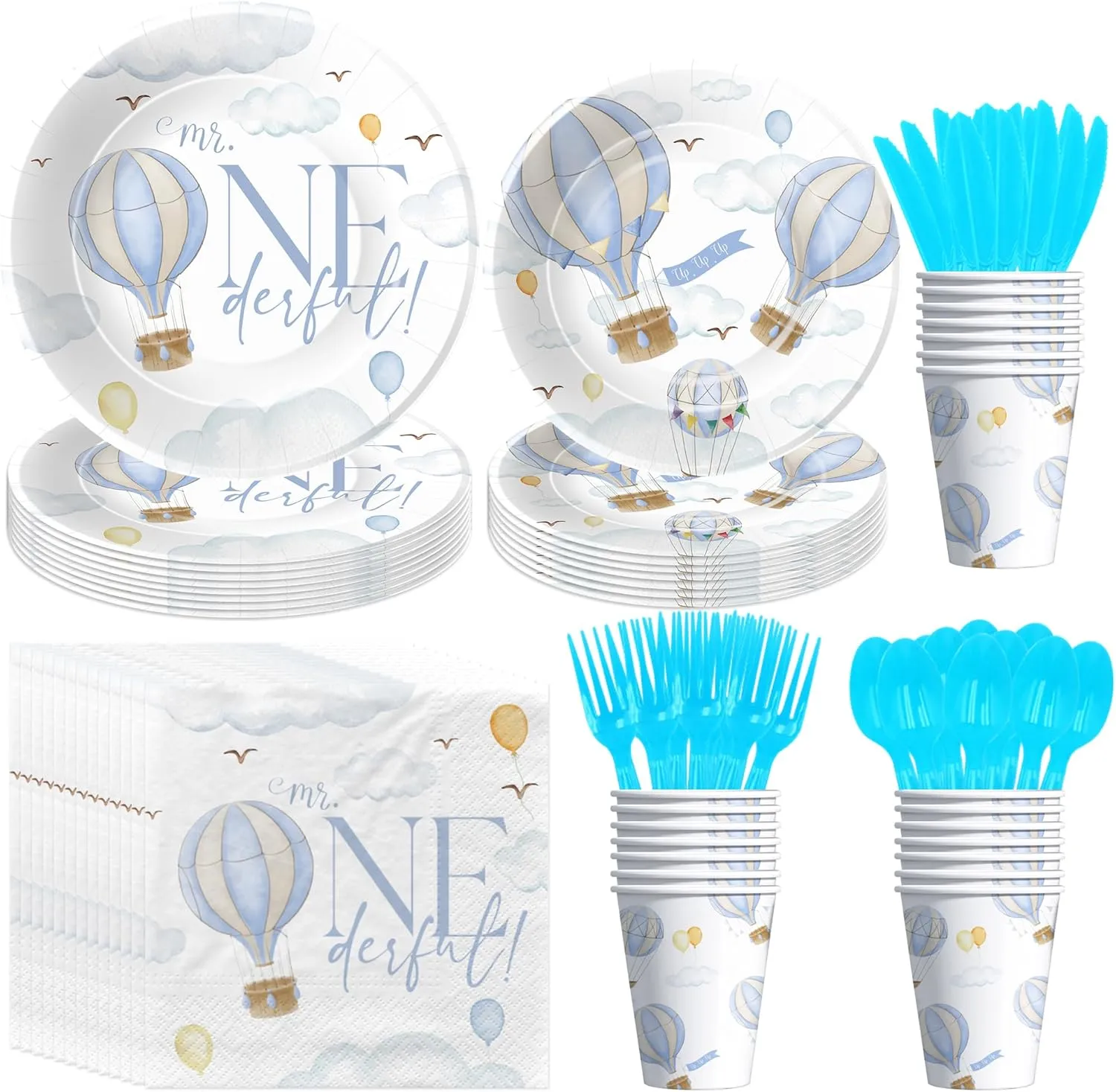 Hot Air Balloon 1st Birthday Party Supplies Boy, Mr Onederful Birthday Decorations, Plate, Napkin, Cup, Cutlery, Blue Hot Air Balloon First Birthday Party Decorations For 24 Guests