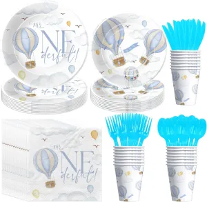Hot Air Balloon 1st Birthday Party Supplies Boy, Mr Onederful Birthday Decorations, Plate, Napkin, Cup, Cutlery, Blue Hot Air Balloon First Birthday Party Decorations For 24 Guests