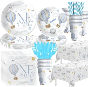 Hot Air Balloon 1st Birthday Party Supplies Boy, Mr Onederful Party Decorations, Blue Hot Air Balloon First Birthday Paper Plates and Napkins Set, Cup, Cutlery, Tablecloth, for 24 Guests