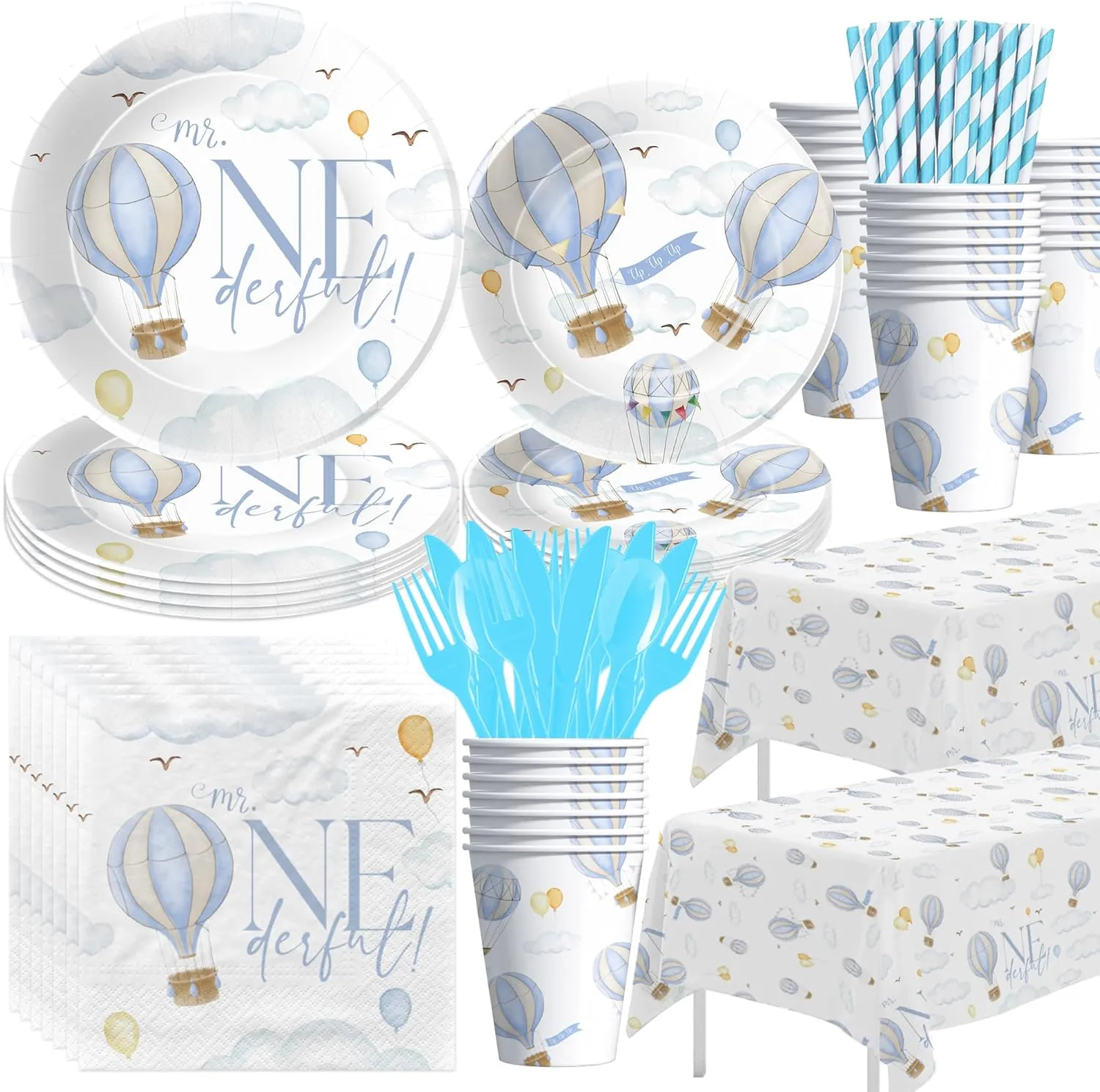 Hot Air Balloon 1st Birthday Party Supplies Boy, Mr Onederful Party Decorations, Blue Hot Air Balloon First Birthday Paper Plates and Napkins Set, Cup, Cutlery, Tablecloth, for 24 Guests
