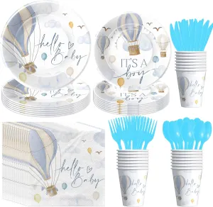 Hot Air Balloon Baby Shower Decorations for Boy Tableware, Disposable Blue Hot Air Balloon Theme Adventure Awaits Baby Boy Table Decorations, Paper Plates, Cups, Napkins, Cutlery, Serves 24