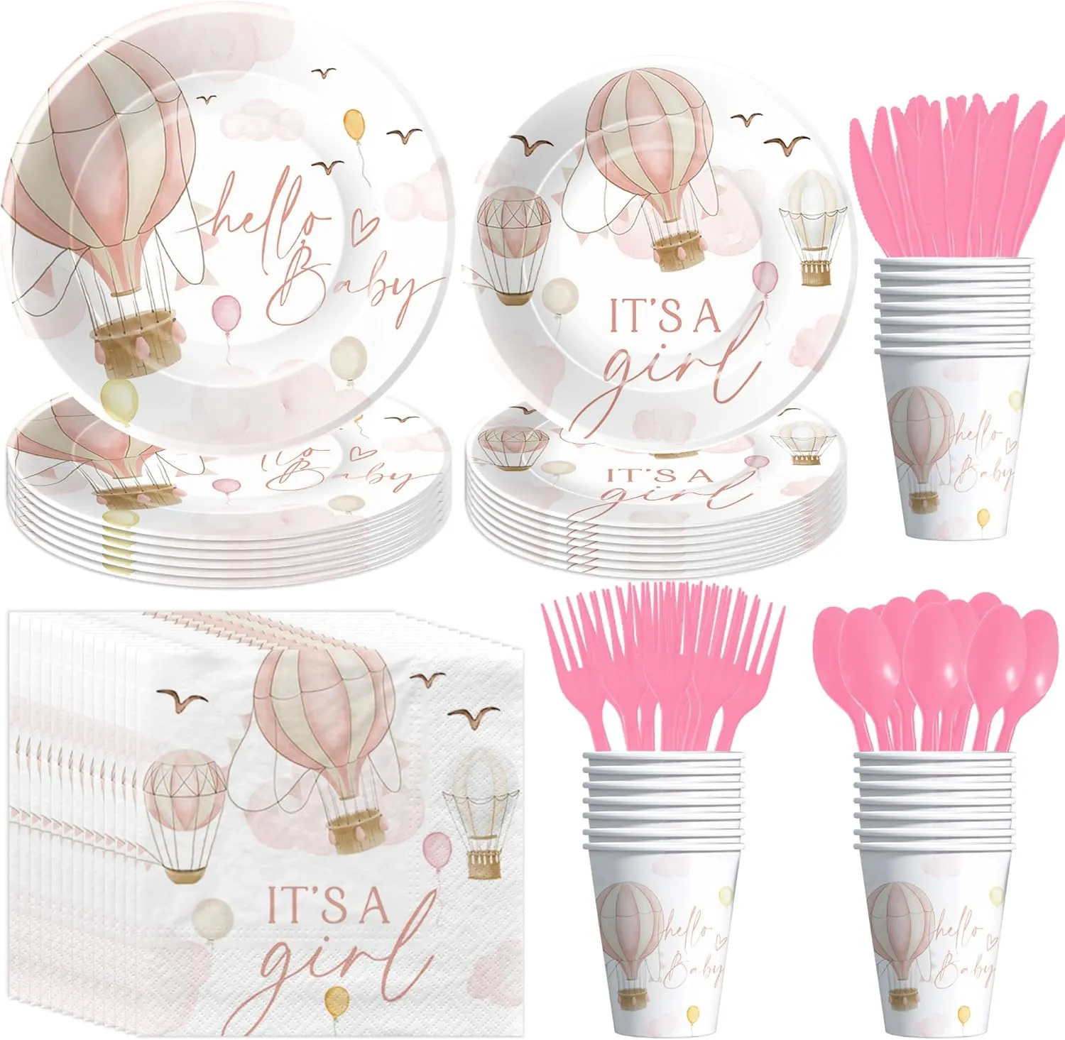 Hot Air Balloon Baby Shower Decorations for Girl Tableware, Disposable Pink Hot Air Balloon Theme Adventure Awaits Baby Girl Table Decorations, Paper Plates, Cups, Napkins, Cutlery, Serves 24