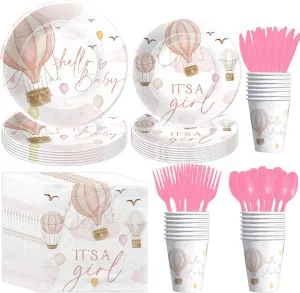 Hot Air Balloon Baby Shower Decorations for Girl Tableware, Disposable Pink Hot Air Balloon Theme Adventure Awaits Baby Girl Table Decorations, Paper Plates, Cups, Napkins, Cutlery, Serves 24