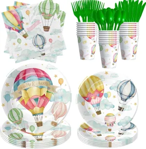 Hot Air Balloon Decorations Tableware for Birthday Baby Shower - Hot Air Balloon Birthday Party Supplies for Kids, Paper Plates, Napkins, Cups, Disposable Cutlery | Serves 24