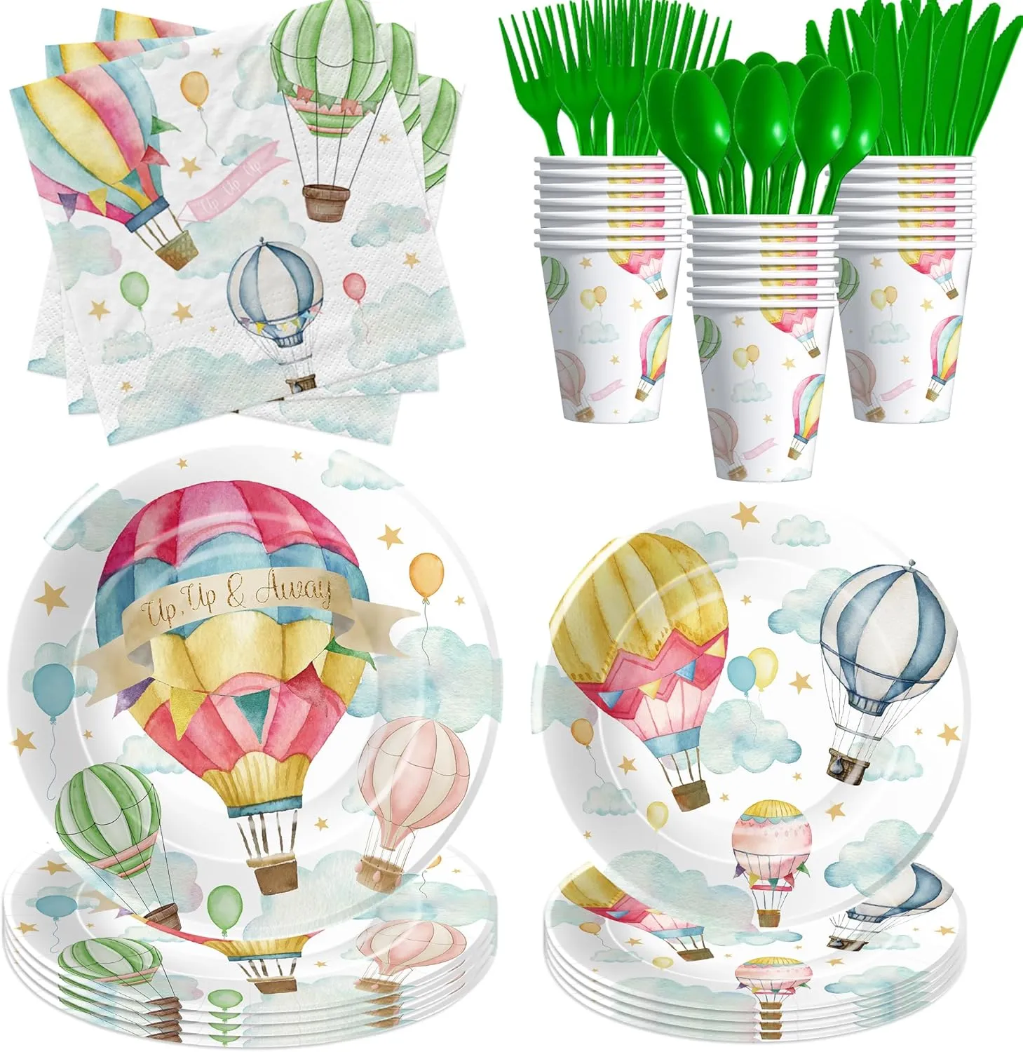 Hot Air Balloon Decorations Tableware for Birthday Baby Shower - Hot Air Balloon Birthday Party Supplies for Kids, Paper Plates, Napkins, Cups, Disposable Cutlery | Serves 24