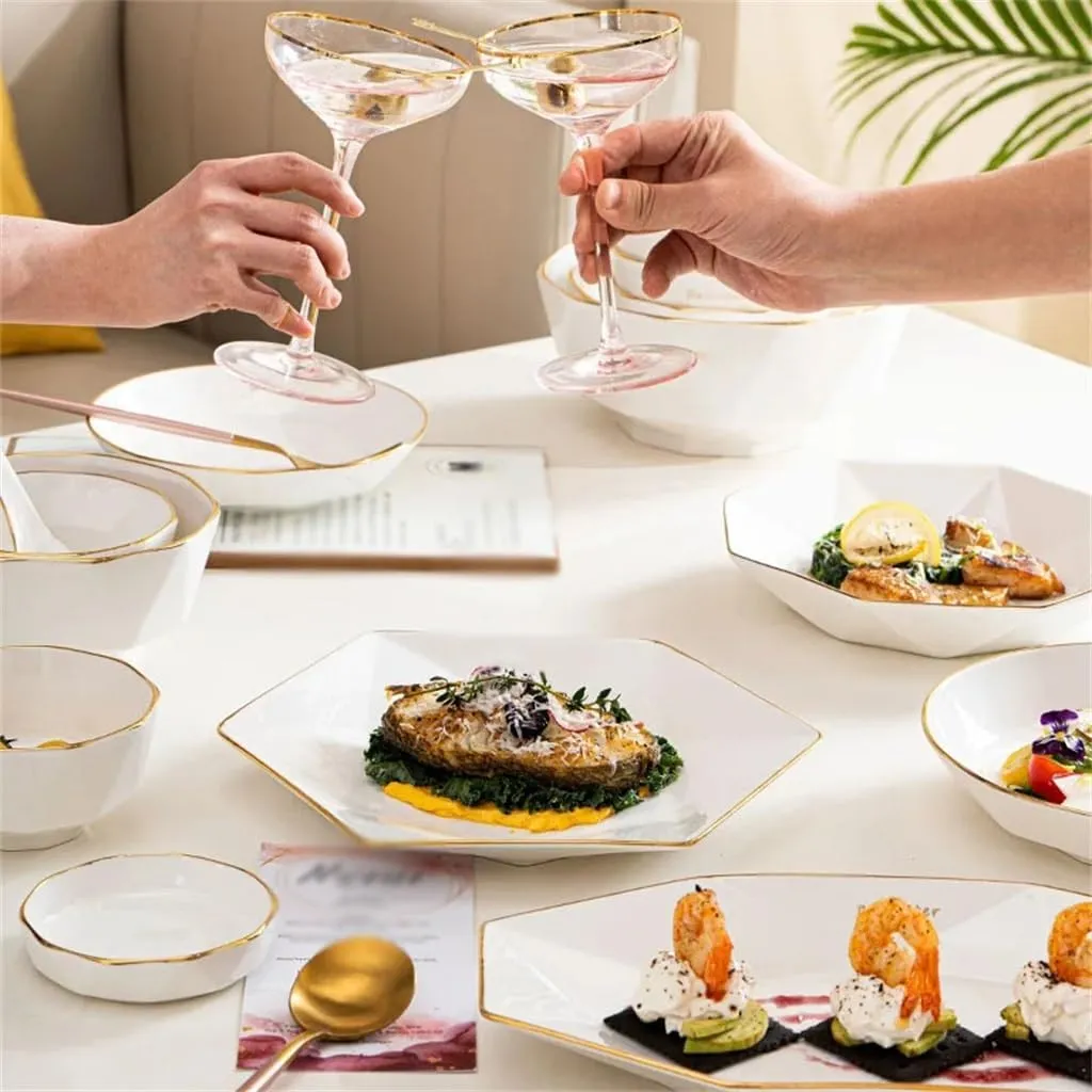 Household Tableware Set Bowl Plate Chopsticks Gold Edge Geometric Tableware and Kitchen Accessories
