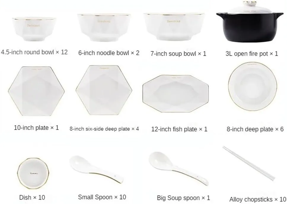 Household Tableware Set Bowl Plate Chopsticks Gold Edge Geometric Tableware and Kitchen Accessories