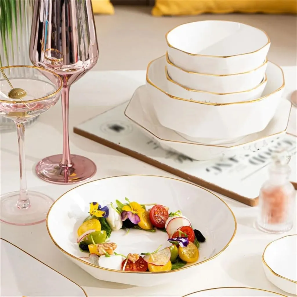 Household Tableware Set Bowl Plate Chopsticks Gold Edge Geometric Tableware and Kitchen Accessories