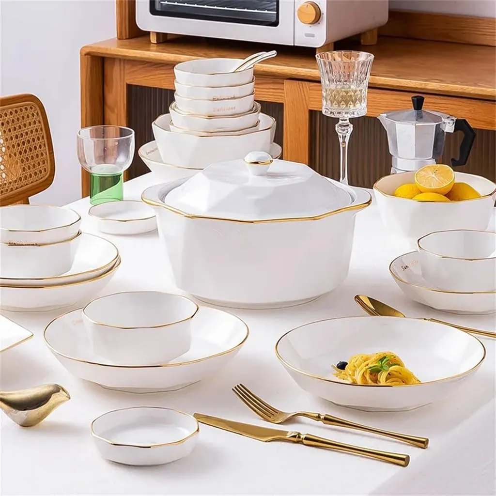 Household Tableware Set Bowl Plate Chopsticks Gold Edge Geometric Tableware and Kitchen Accessories