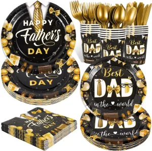 HOWAF 112pcs Happy Father’s Day Tableware Set, I Love You Dad Dinnerware for Father’s Day Party Supplies, Father Day Plates and Napkins Knife Forks Spoons for 16 Guests, Black Gold