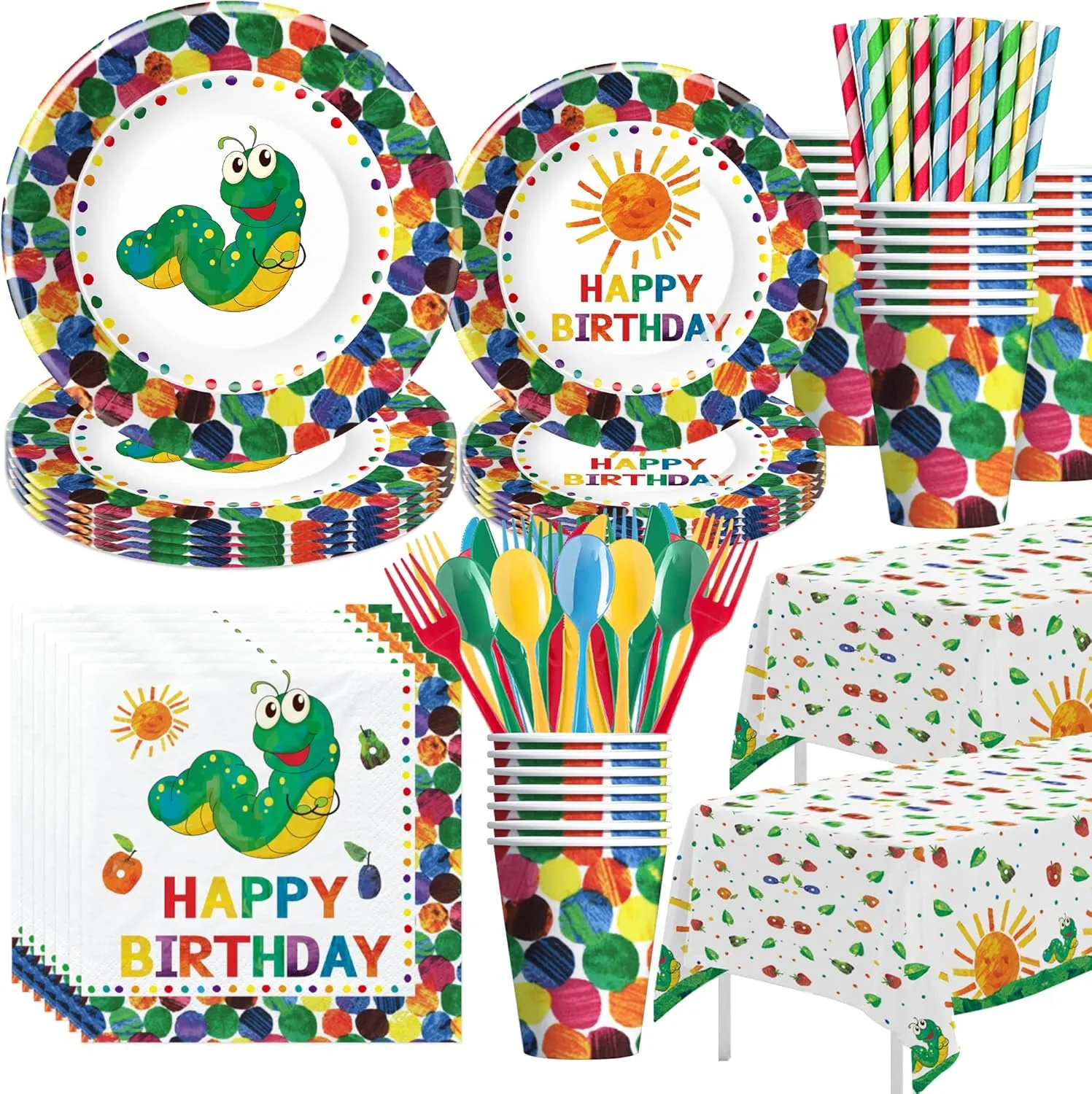 Hungry Theme Caterpillar Party Supplies - Caterpillar Birthday Decorations Tableware, Plate, Cup, Napkin, Tablecloth, Cutlery, Baby Shower Party Supplies | Serve 24