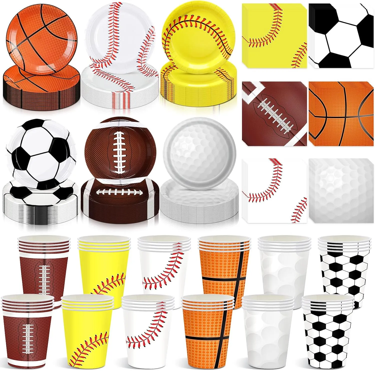 Hushee 180 Pcs Sports Theme Birthday Party Decoration Disposable Tableware Supplies Include 60 9" Sports Theme Paper Plate 60 9 oz Paper Cup 60 Napkin for Basketball Football Party (Classic Style)