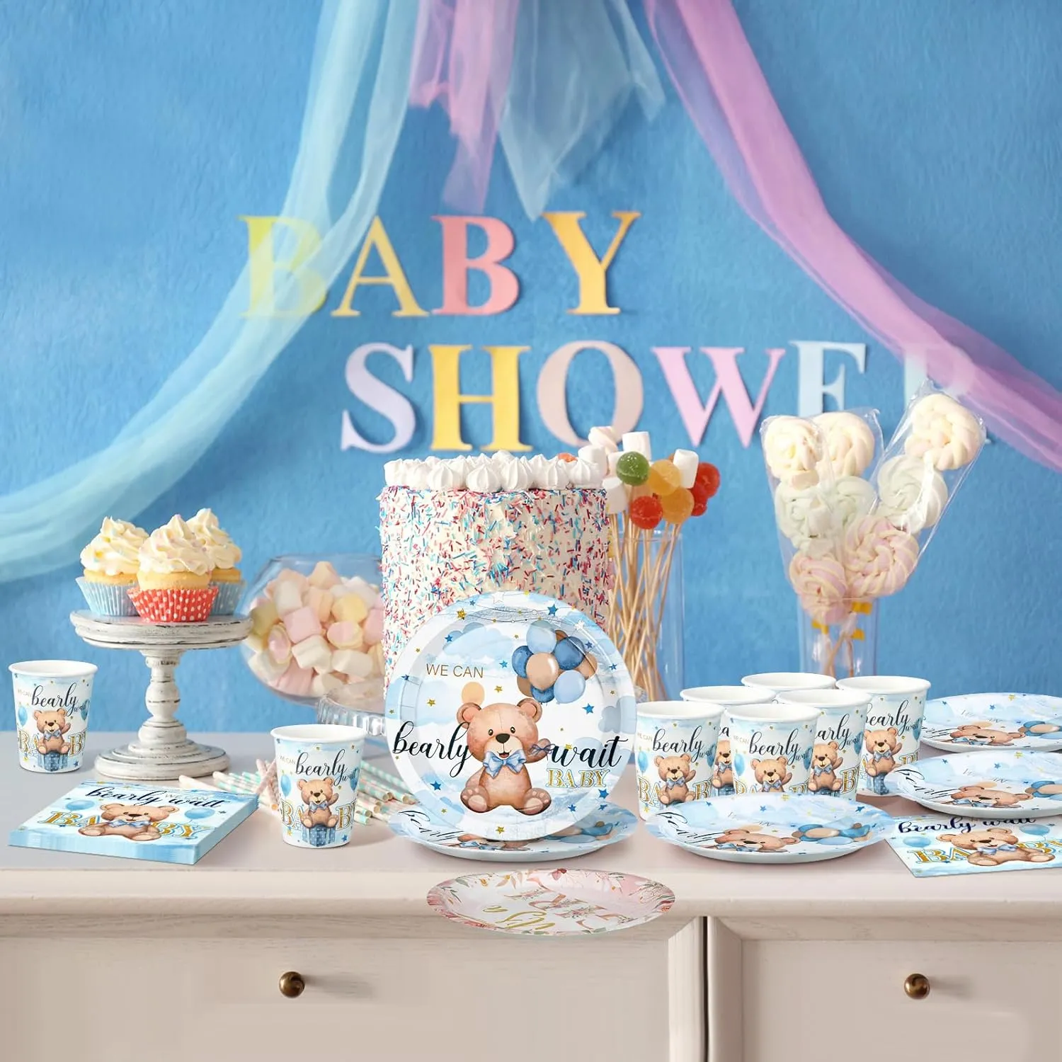Hushee 200 Pcs Blue Bear Baby Shower Paper Plates Napkins Cups Baby Shower Party Supplies Tableware Set Bear Theme Disposable Cup Napkin for 50 Guest Boy Sets Spring Party Decoration Boy Girl