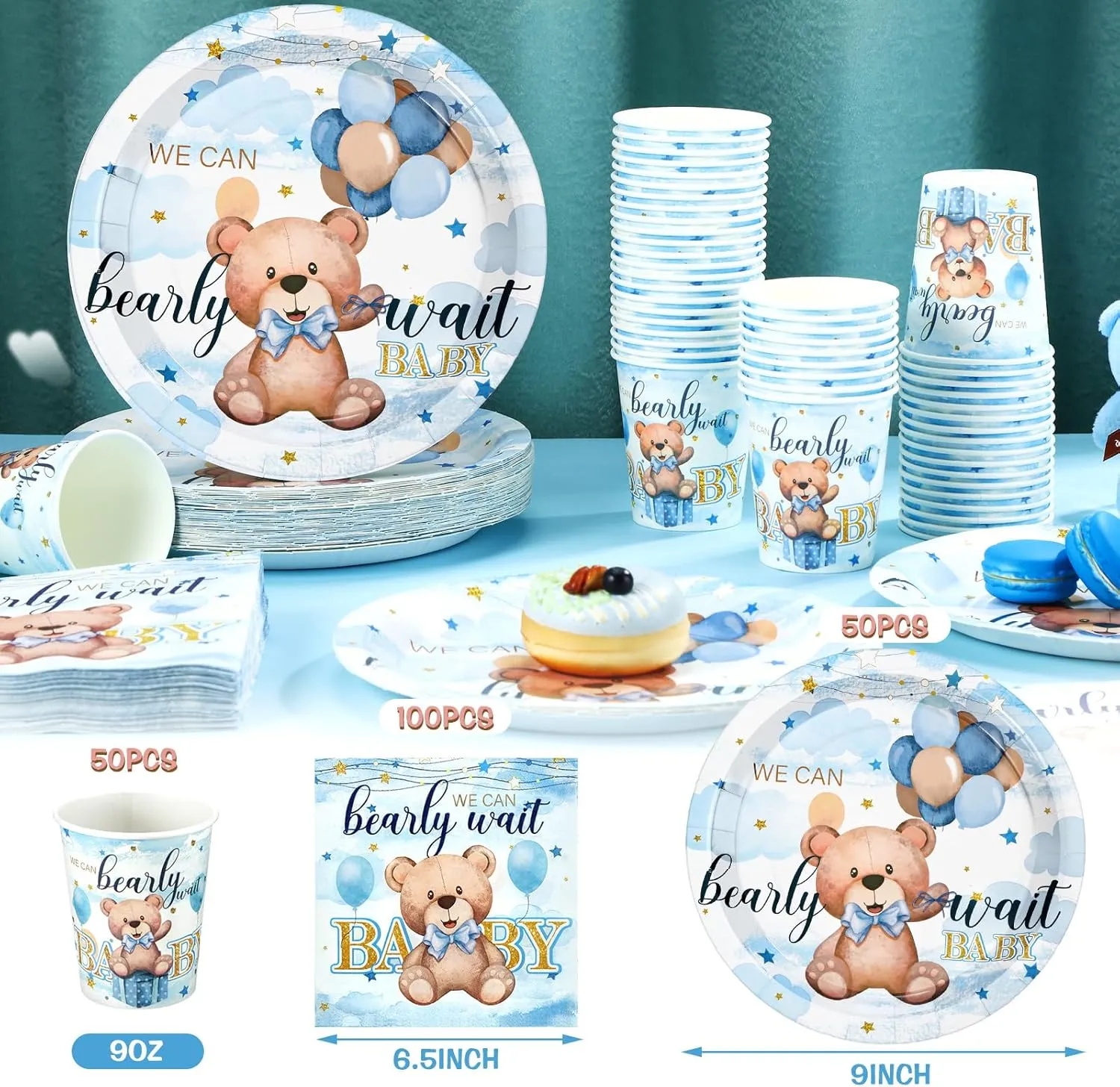 Hushee 200 Pcs Blue Bear Baby Shower Paper Plates Napkins Cups Baby Shower Party Supplies Tableware Set Bear Theme Disposable Cup Napkin for 50 Guest Boy Sets Spring Party Decoration Boy Girl