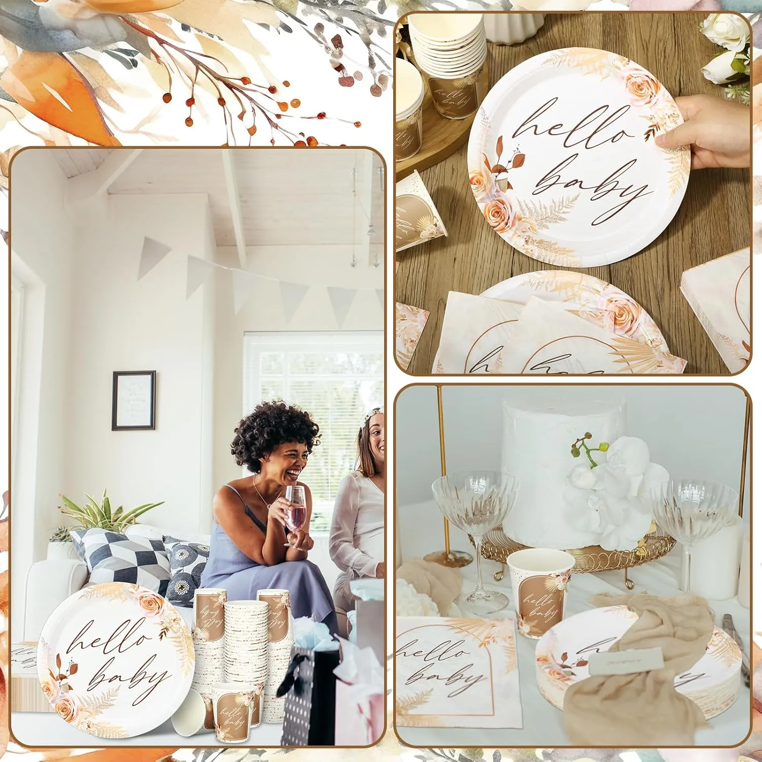 Hushee 200 Pcs Boho Flower Baby Shower Paper Plates Napkins Cups Hello Design Baby Shower Party Supplies Tableware Set Boho Flower Disposable Cup Napkin for 50 Guest Spring Party Decoration