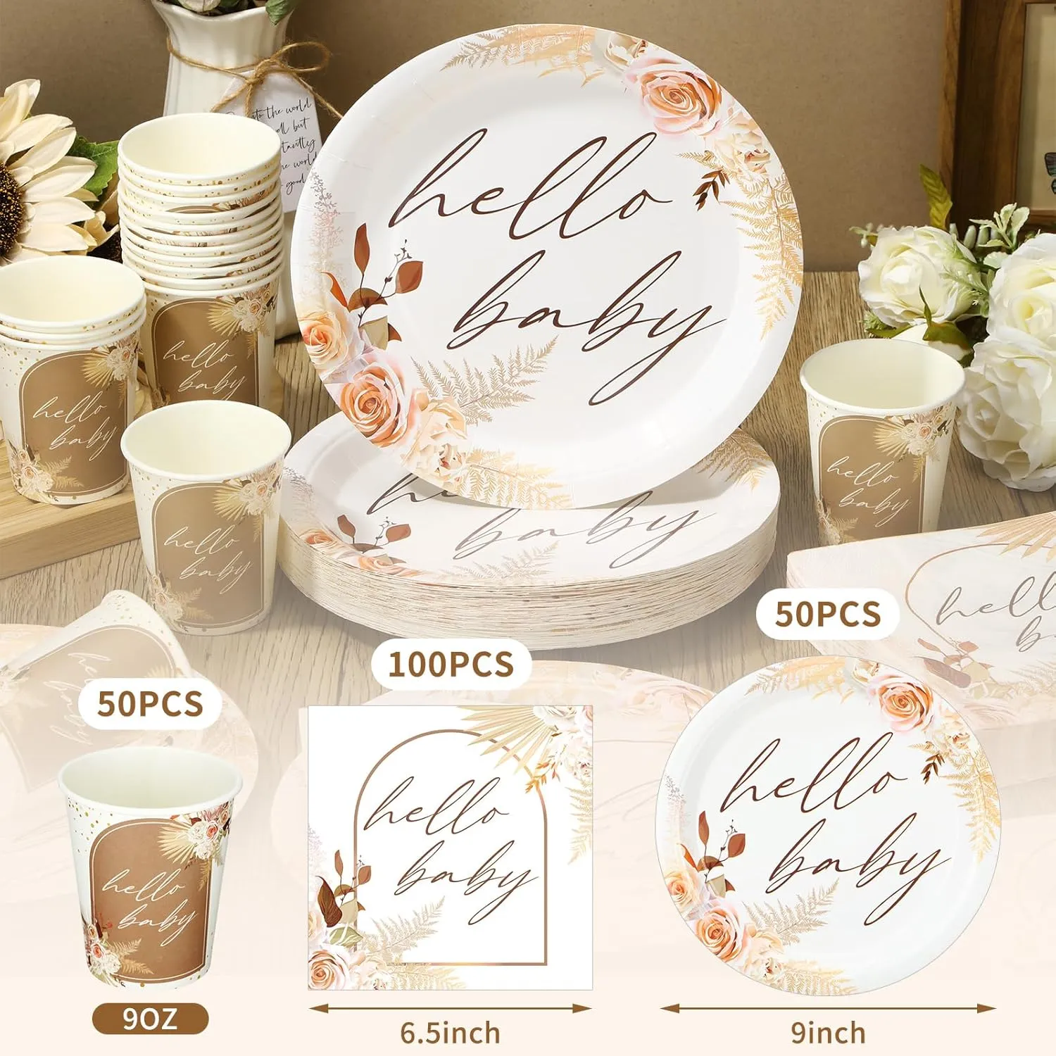 Hushee 200 Pcs Boho Flower Baby Shower Paper Plates Napkins Cups Hello Design Baby Shower Party Supplies Tableware Set Boho Flower Disposable Cup Napkin for 50 Guest Spring Party Decoration