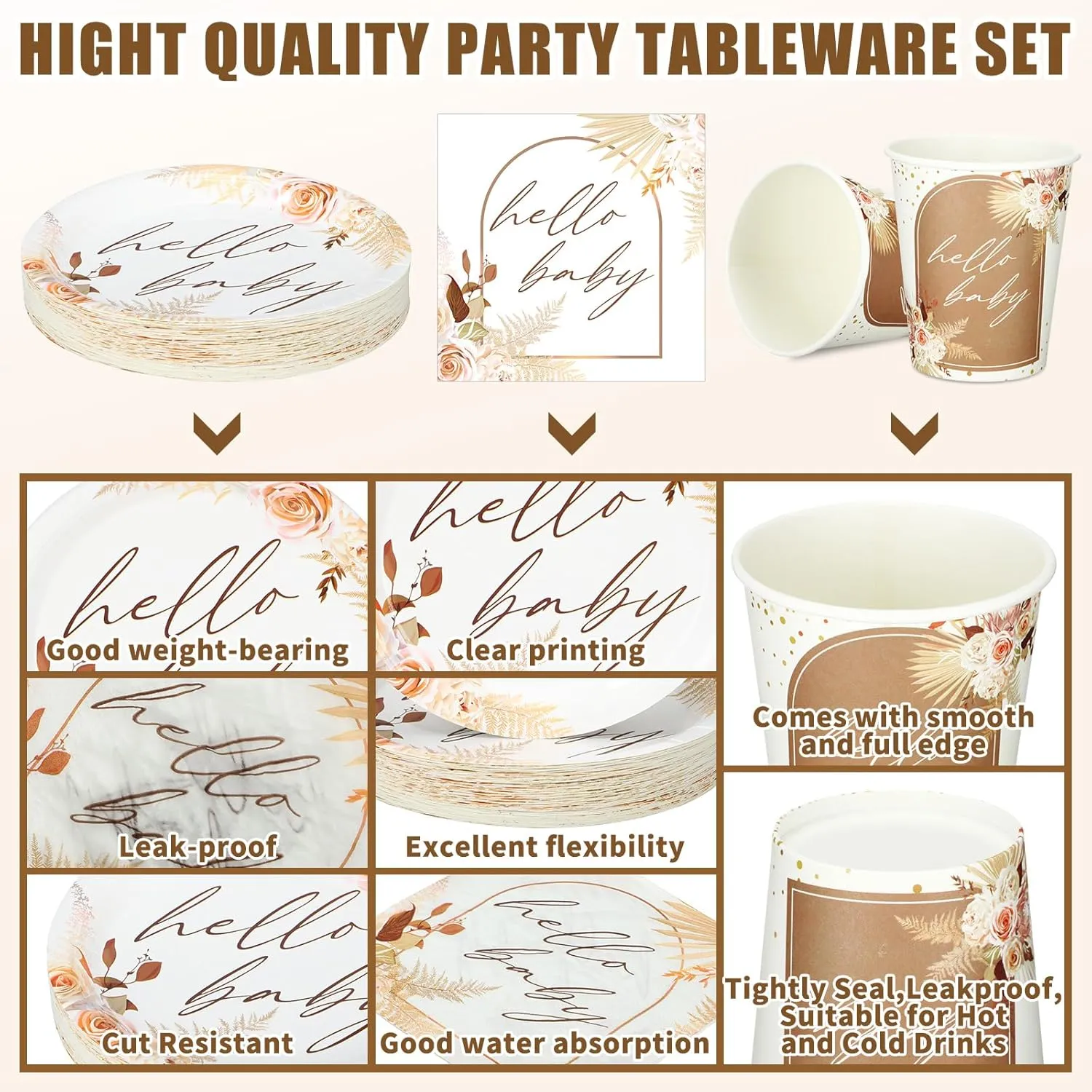 Hushee 200 Pcs Boho Flower Baby Shower Paper Plates Napkins Cups Hello Design Baby Shower Party Supplies Tableware Set Boho Flower Disposable Cup Napkin for 50 Guest Spring Party Decoration