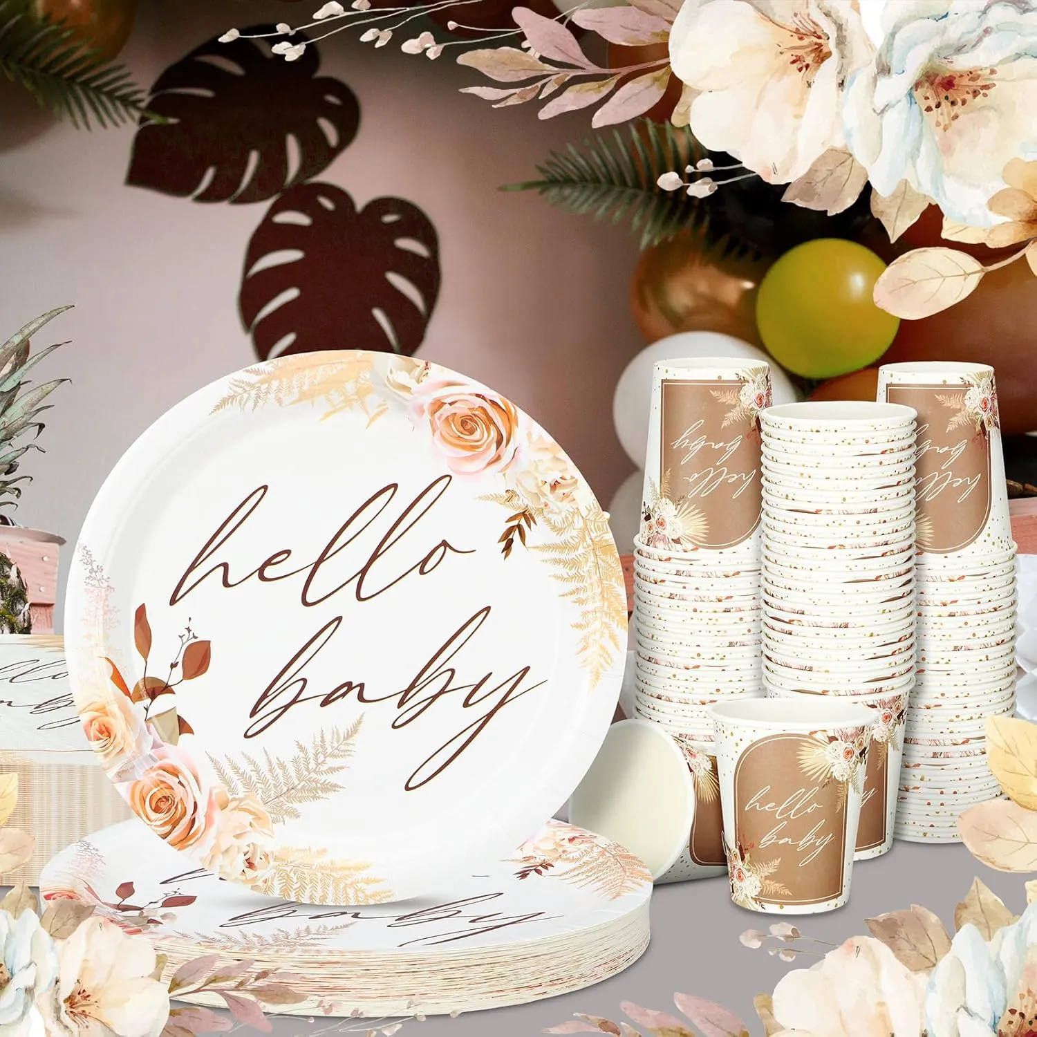Hushee 200 Pcs Boho Flower Baby Shower Paper Plates Napkins Cups Hello Design Baby Shower Party Supplies Tableware Set Boho Flower Disposable Cup Napkin for 50 Guest Spring Party Decoration