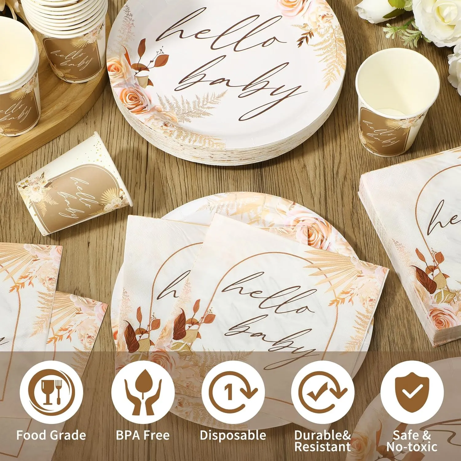 Hushee 200 Pcs Boho Flower Baby Shower Paper Plates Napkins Cups Hello Design Baby Shower Party Supplies Tableware Set Boho Flower Disposable Cup Napkin for 50 Guest Spring Party Decoration