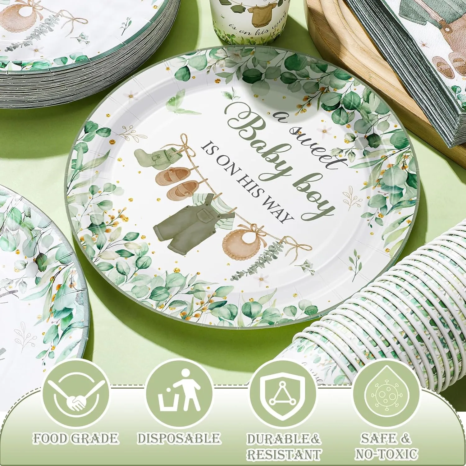 Hushee 200 Pcs Greenery Baby Shower Paper Plates Napkins Cups Baby Shower Party Supplies Tableware Set Disposable Cup Napkin for 50 Guest Party Decoration