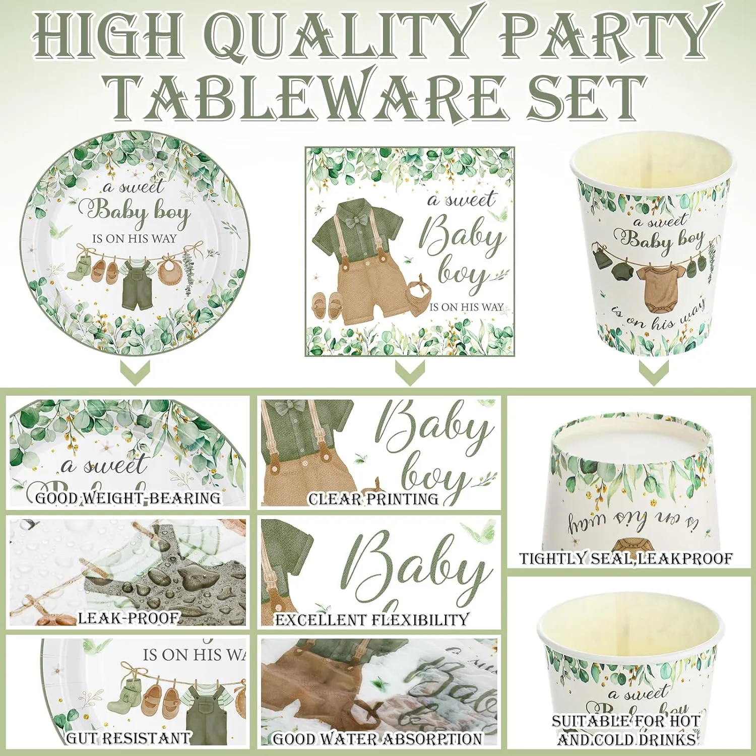 Hushee 200 Pcs Greenery Baby Shower Paper Plates Napkins Cups Baby Shower Party Supplies Tableware Set Disposable Cup Napkin for 50 Guest Party Decoration