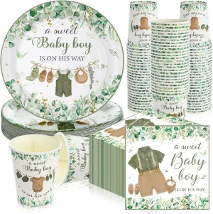 Hushee 200 Pcs Greenery Baby Shower Paper Plates Napkins Cups Baby Shower Party Supplies Tableware Set Disposable Cup Napkin for 50 Guest Party Decoration