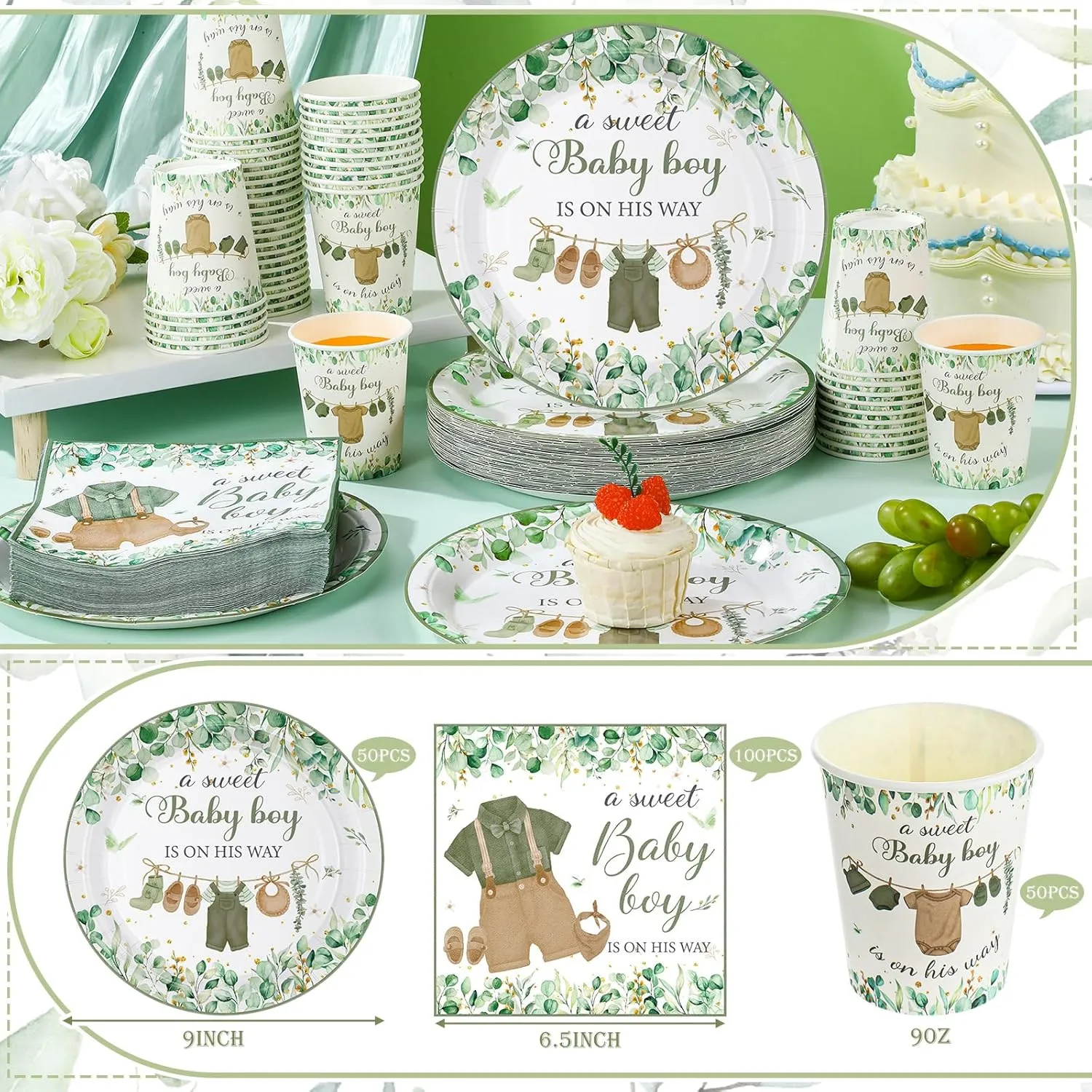 Hushee 200 Pcs Greenery Baby Shower Paper Plates Napkins Cups Baby Shower Party Supplies Tableware Set Disposable Cup Napkin for 50 Guest Party Decoration