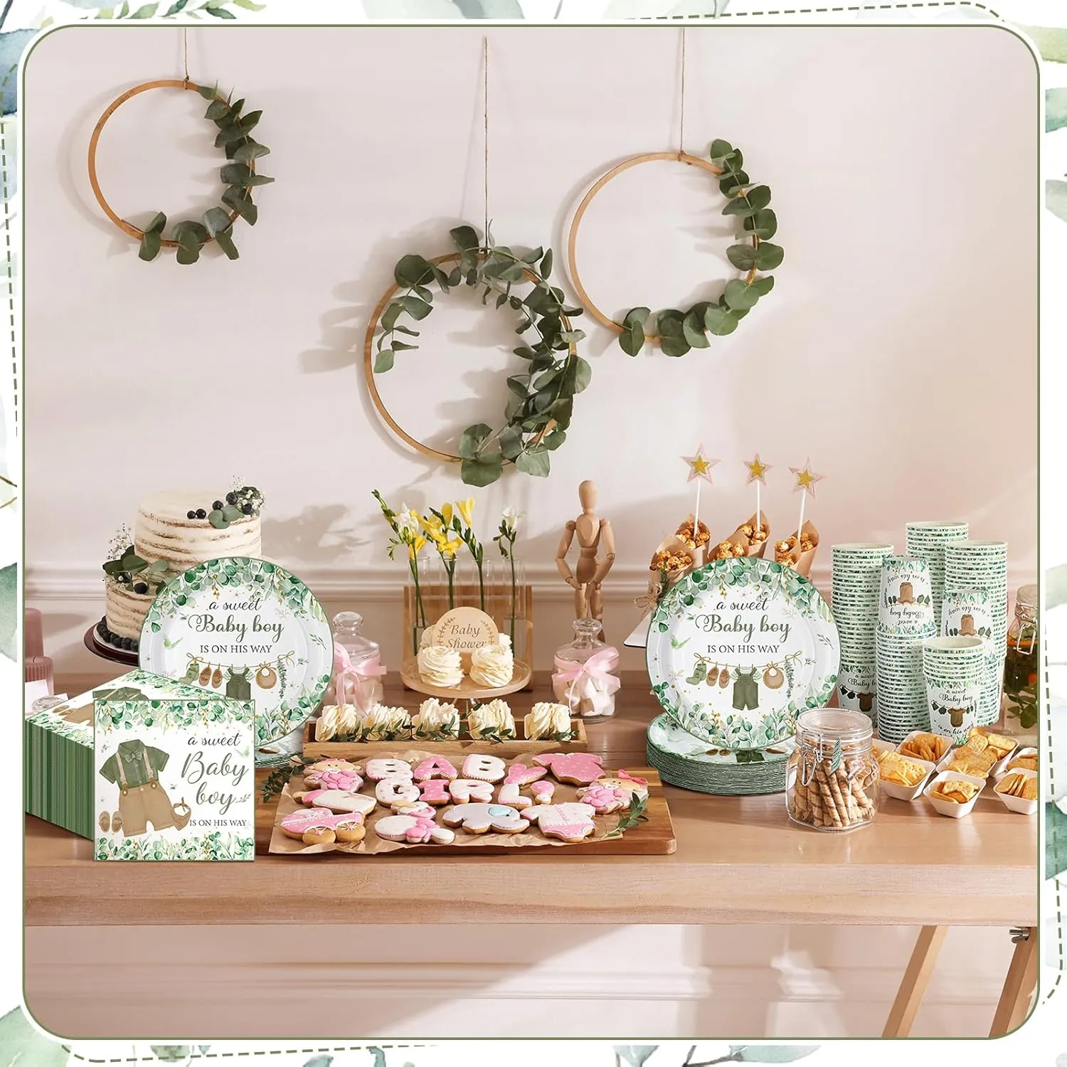 Hushee 200 Pcs Greenery Baby Shower Paper Plates Napkins Cups Baby Shower Party Supplies Tableware Set Disposable Cup Napkin for 50 Guest Party Decoration