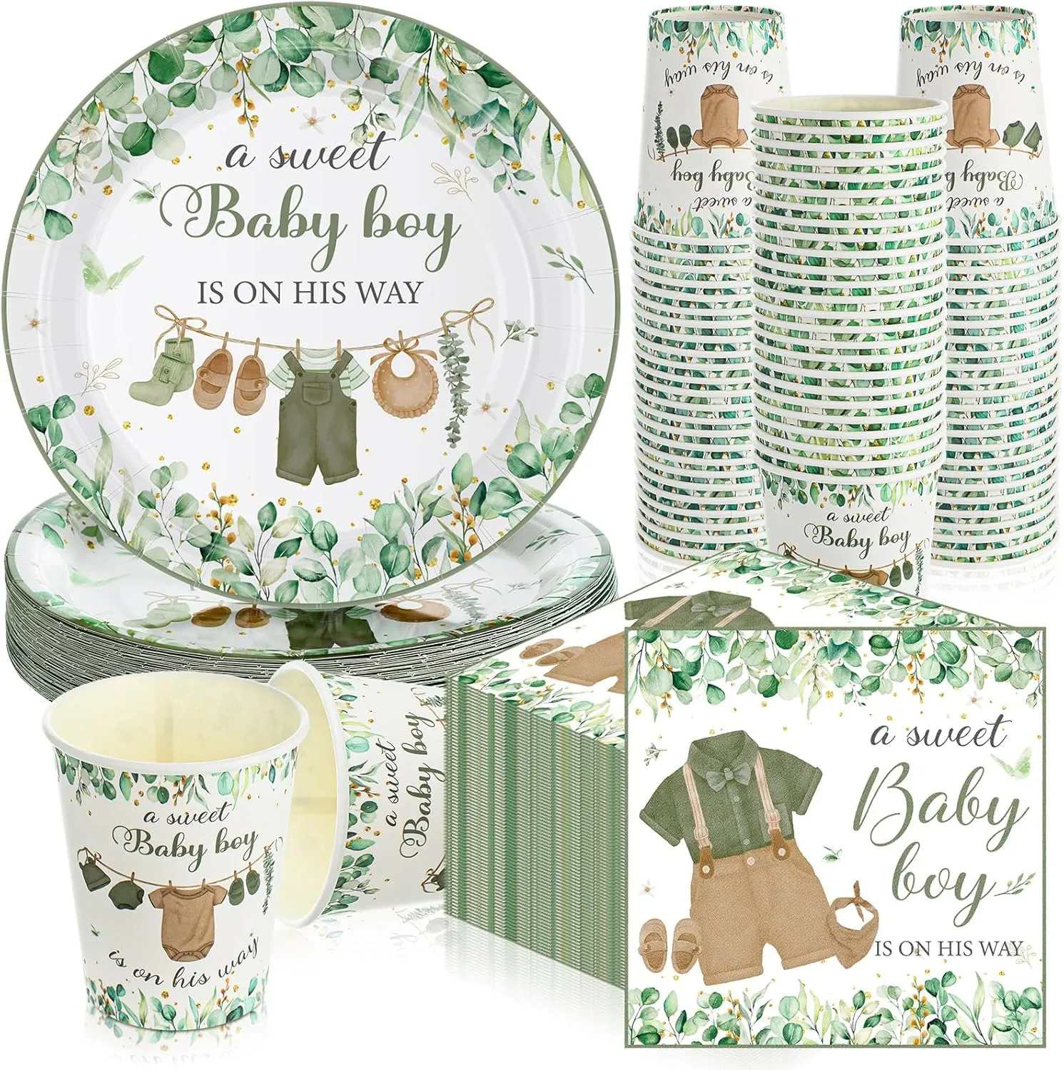 Hushee 200 Pcs Greenery Baby Shower Paper Plates Napkins Cups Baby Shower Party Supplies Tableware Set Disposable Cup Napkin for 50 Guest Party Decoration