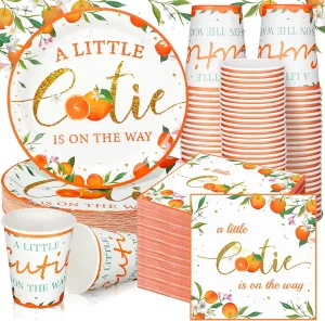 Hushee 200 Pcs Little Cutie Baby Shower Paper Plates Napkins Cups Orange Baby Shower Party Supplies Tableware Set Orange Disposable Cup Napkin for 50 Guest Girls Spring Party Decoration