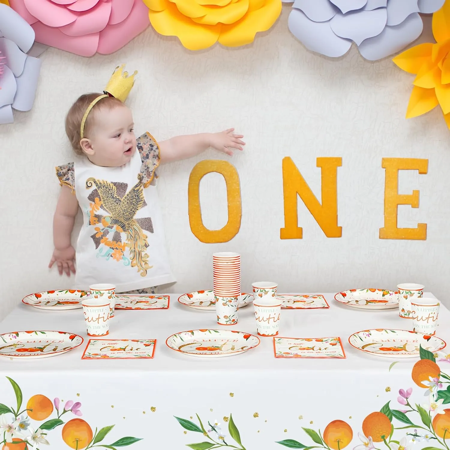 Hushee 200 Pcs Little Cutie Baby Shower Paper Plates Napkins Cups Orange Baby Shower Party Supplies Tableware Set Orange Disposable Cup Napkin for 50 Guest Girls Spring Party Decoration