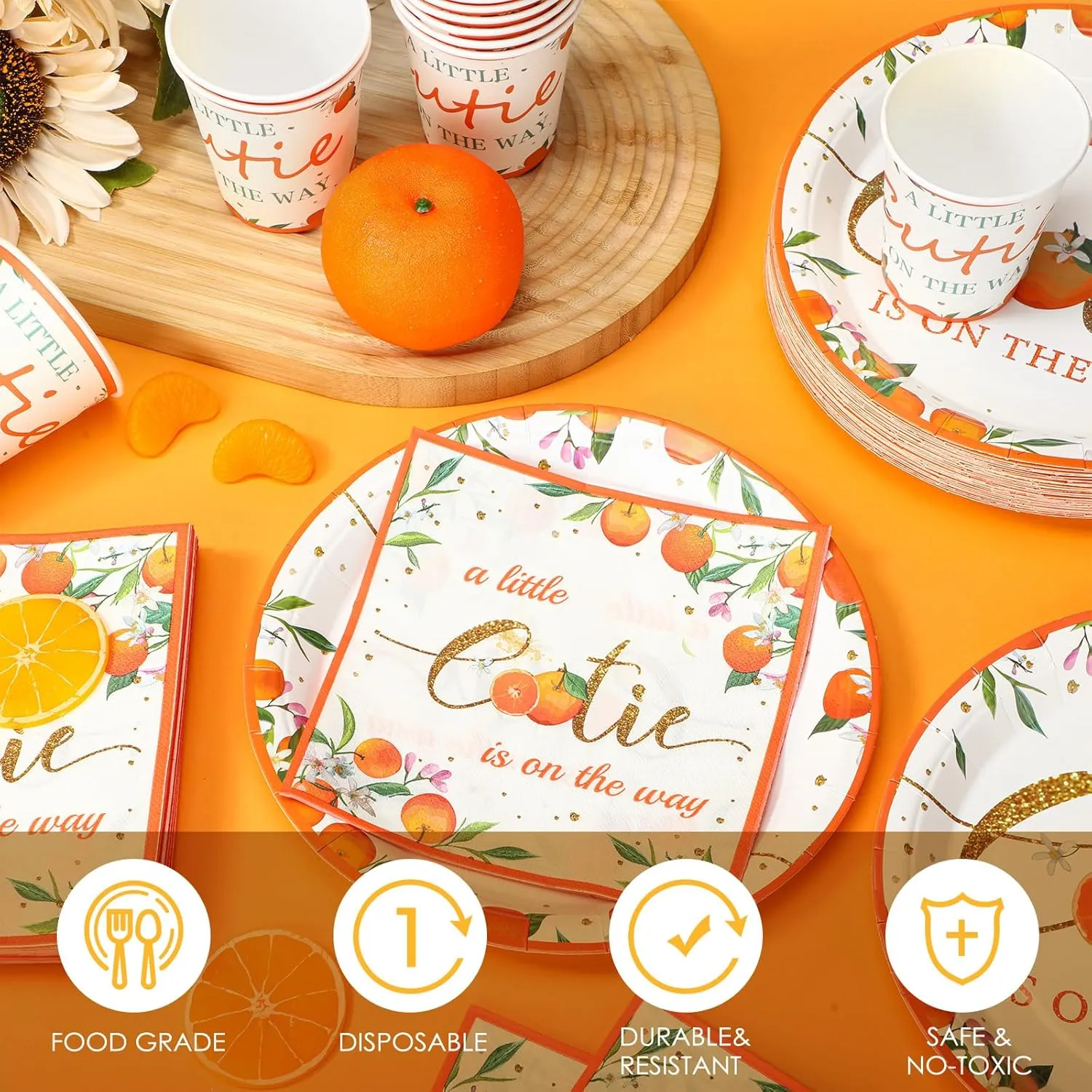 Hushee 200 Pcs Little Cutie Baby Shower Paper Plates Napkins Cups Orange Baby Shower Party Supplies Tableware Set Orange Disposable Cup Napkin for 50 Guest Girls Spring Party Decoration