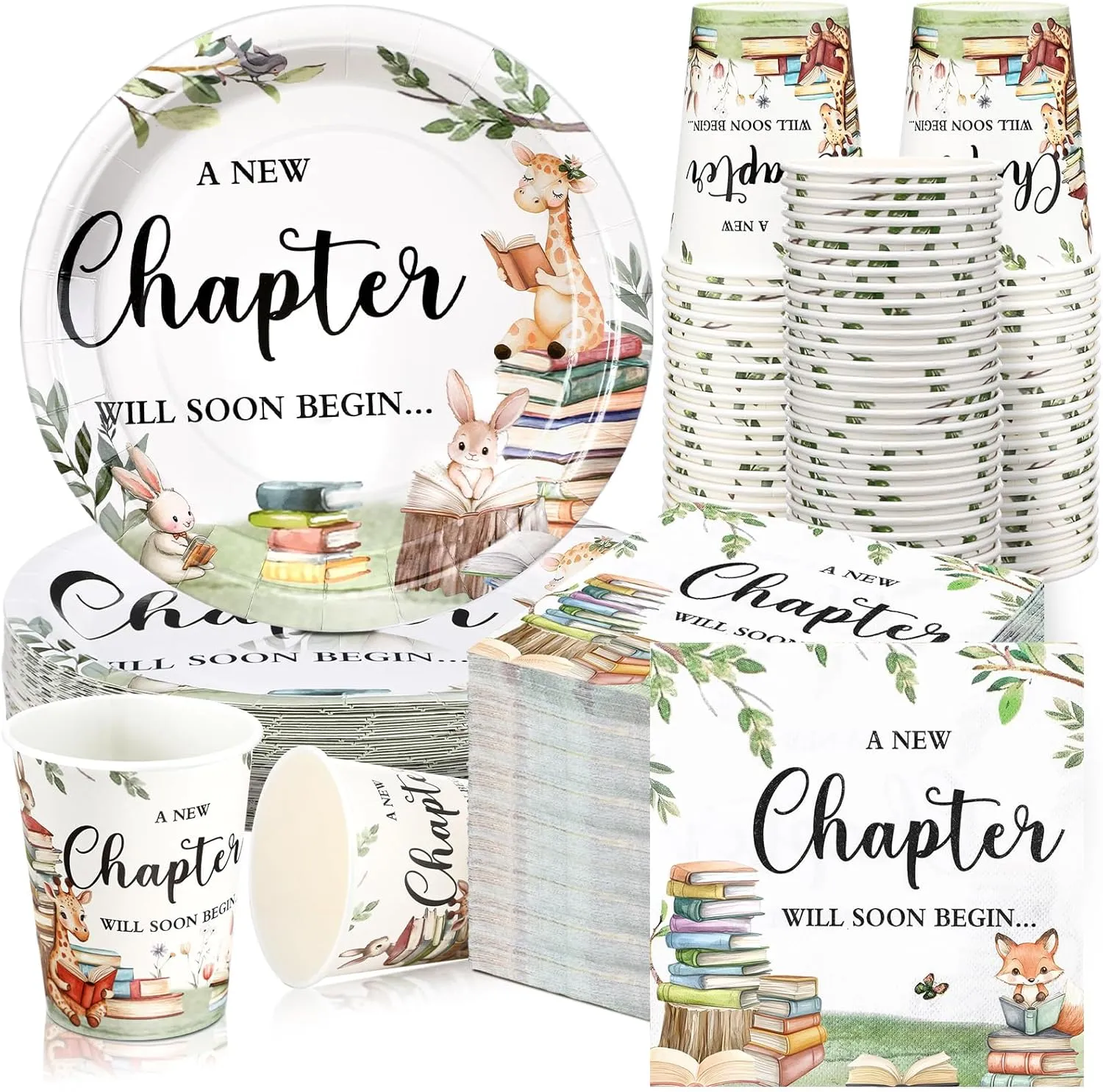Hushee 200 Pcs Storybook Baby Shower Decorations Supplies A New Chapter Will Soon Begin Book Baby Shower Paper Plates Napkins Cups Library Reading Book Club Tableware Set for 50 Guest