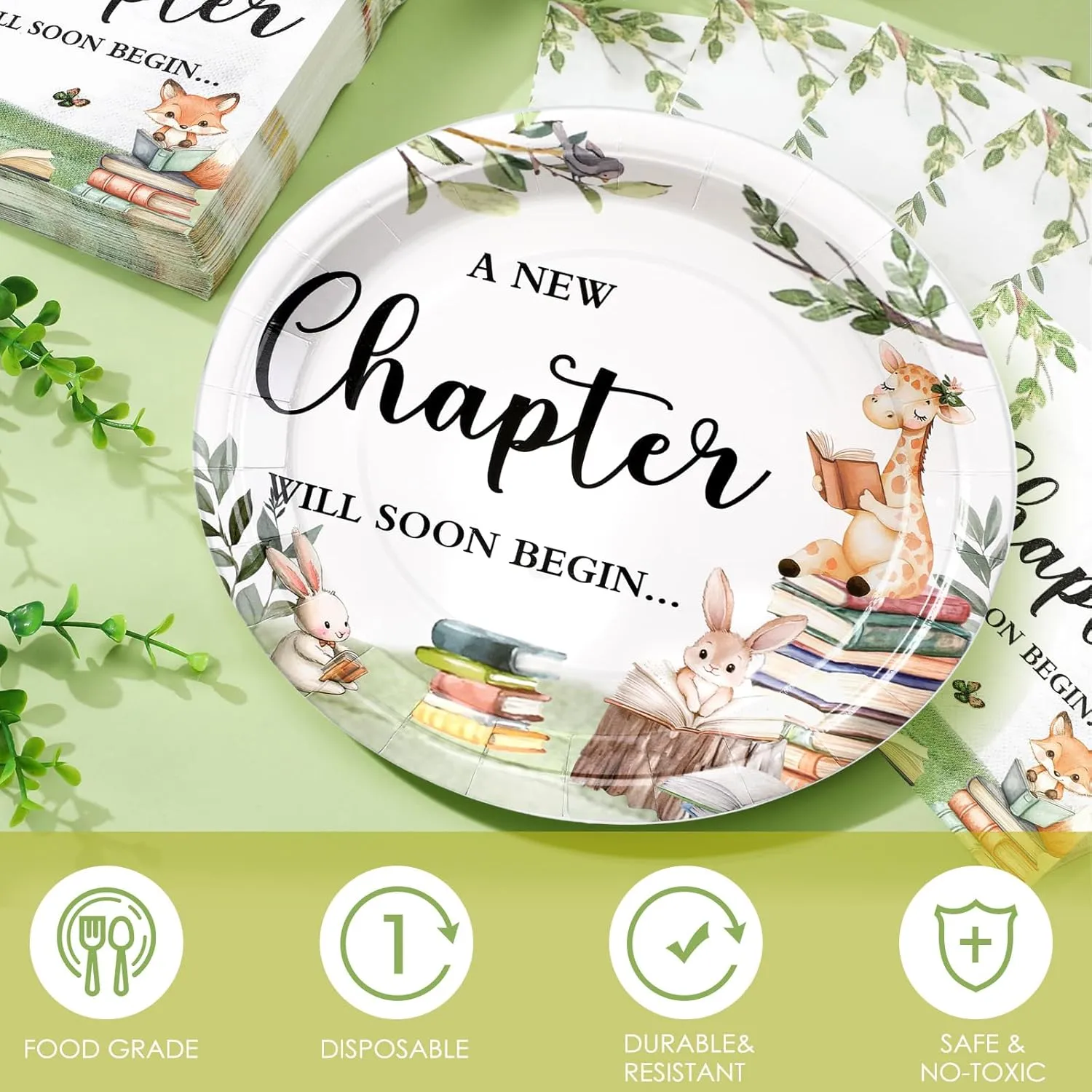 Hushee 200 Pcs Storybook Baby Shower Decorations Supplies A New Chapter Will Soon Begin Book Baby Shower Paper Plates Napkins Cups Library Reading Book Club Tableware Set for 50 Guest