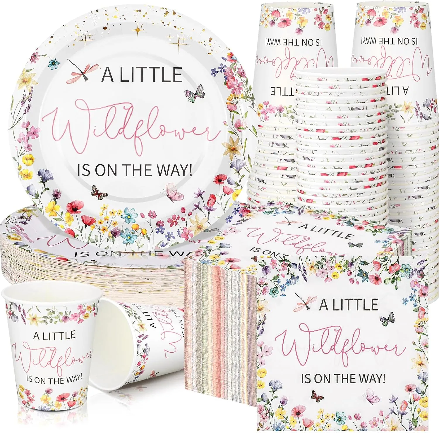 Hushee 200 Pcs Wildflower Baby Shower Paper Plates Napkins Cups Baby Shower Party Supplies Tableware Set A Little Wildflower Is On The Way Disposable Plates for 50 Guest Spring Summer Party Decor