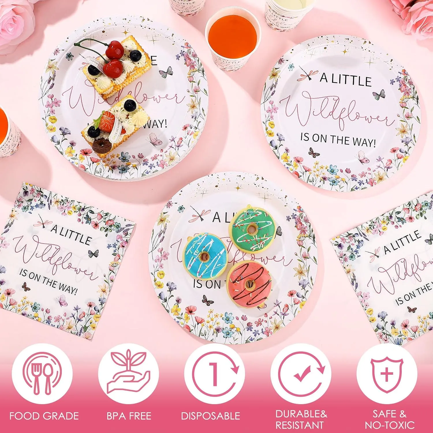 Hushee 200 Pcs Wildflower Baby Shower Paper Plates Napkins Cups Baby Shower Party Supplies Tableware Set A Little Wildflower Is On The Way Disposable Plates for 50 Guest Spring Summer Party Decor