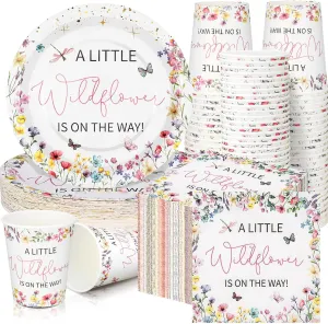 Hushee 200 Pcs Wildflower Baby Shower Paper Plates Napkins Cups Baby Shower Party Supplies Tableware Set A Little Wildflower Is On The Way Disposable Plates for 50 Guest Spring Summer Party Decor